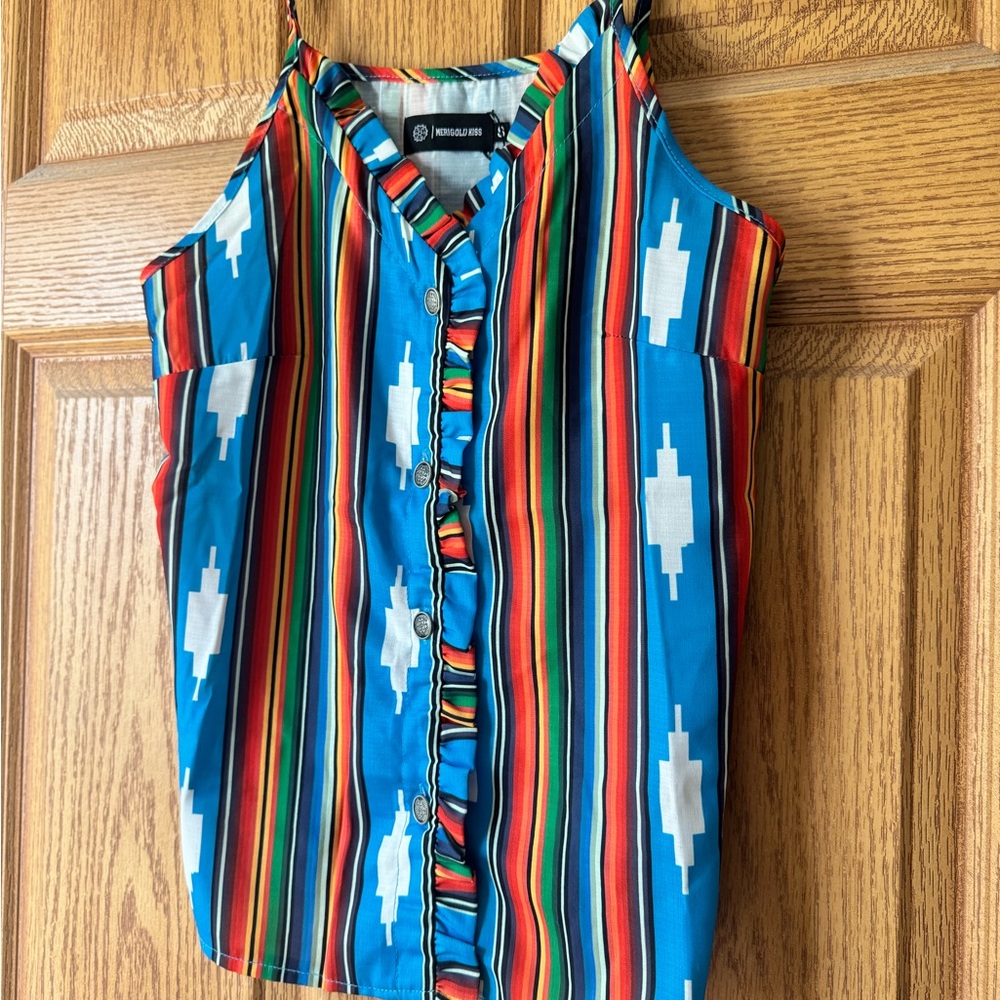 Wrangler Retro Stripe Ruffle-Front Tank Top in Turquoise Multi